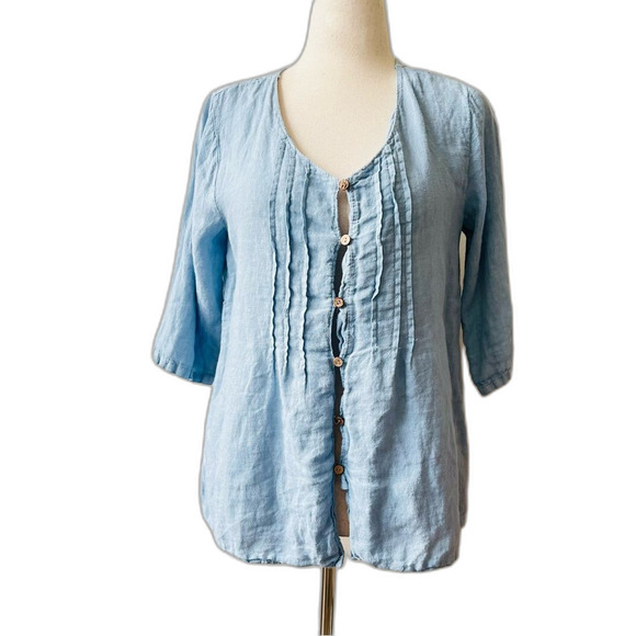 Lungo L'arno Womens Top Blue 100% Linen Button Front Pleated 3/4 Sleeve Eyelet L - Picture 1 of 4